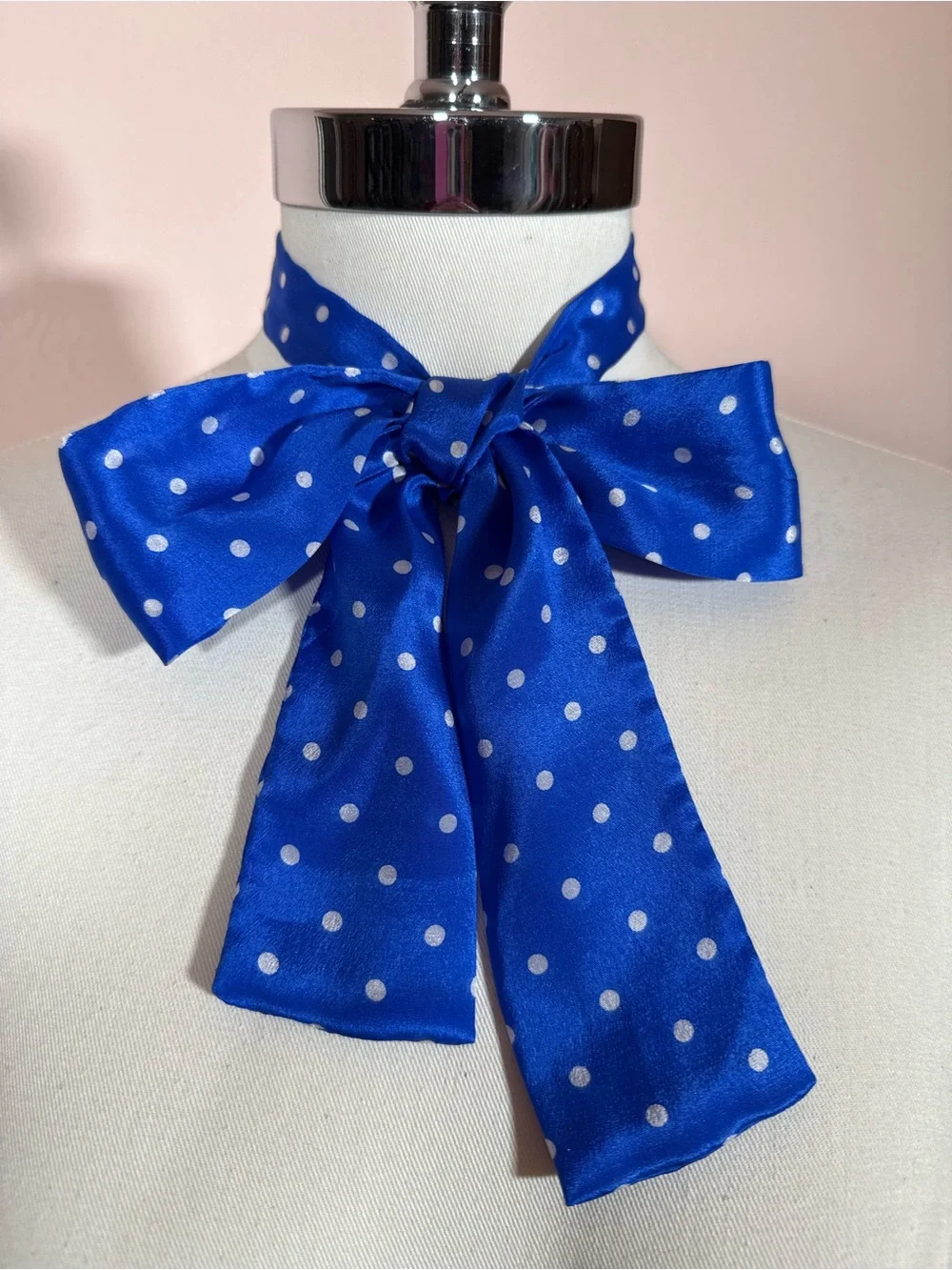 Vintage specialty House Royal blue white polka dot Silk bow neck scarf Twilly